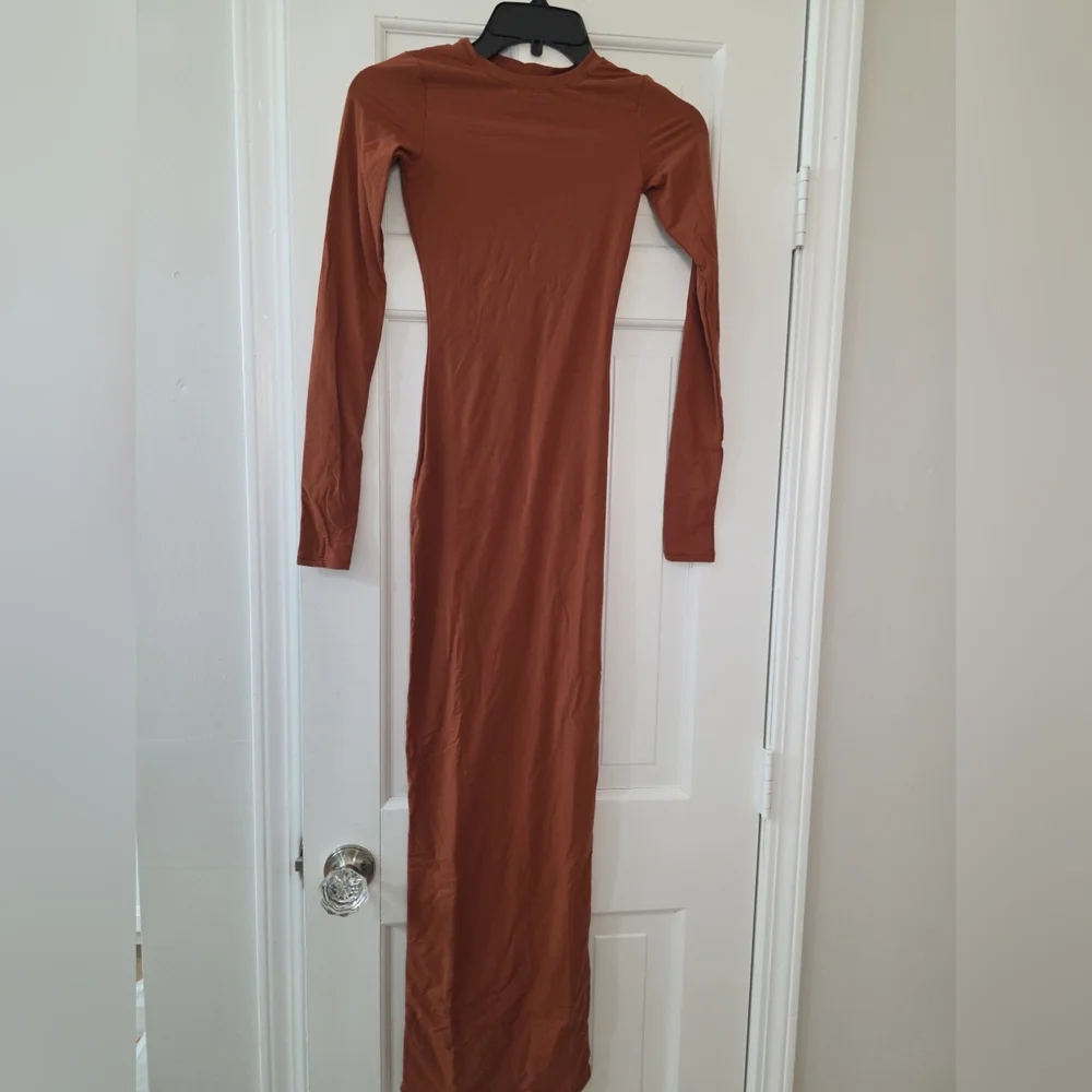 Skims Fits Everybody Long Sleeve Maxi Dress Rust Copper XXS